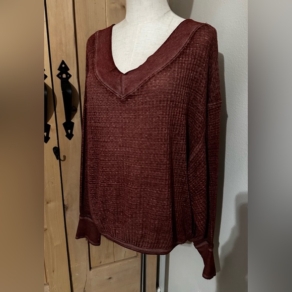 Free People Crazy On You Thermal Waffle Vneck Sweater Pullover Top - Picture 1 of 7